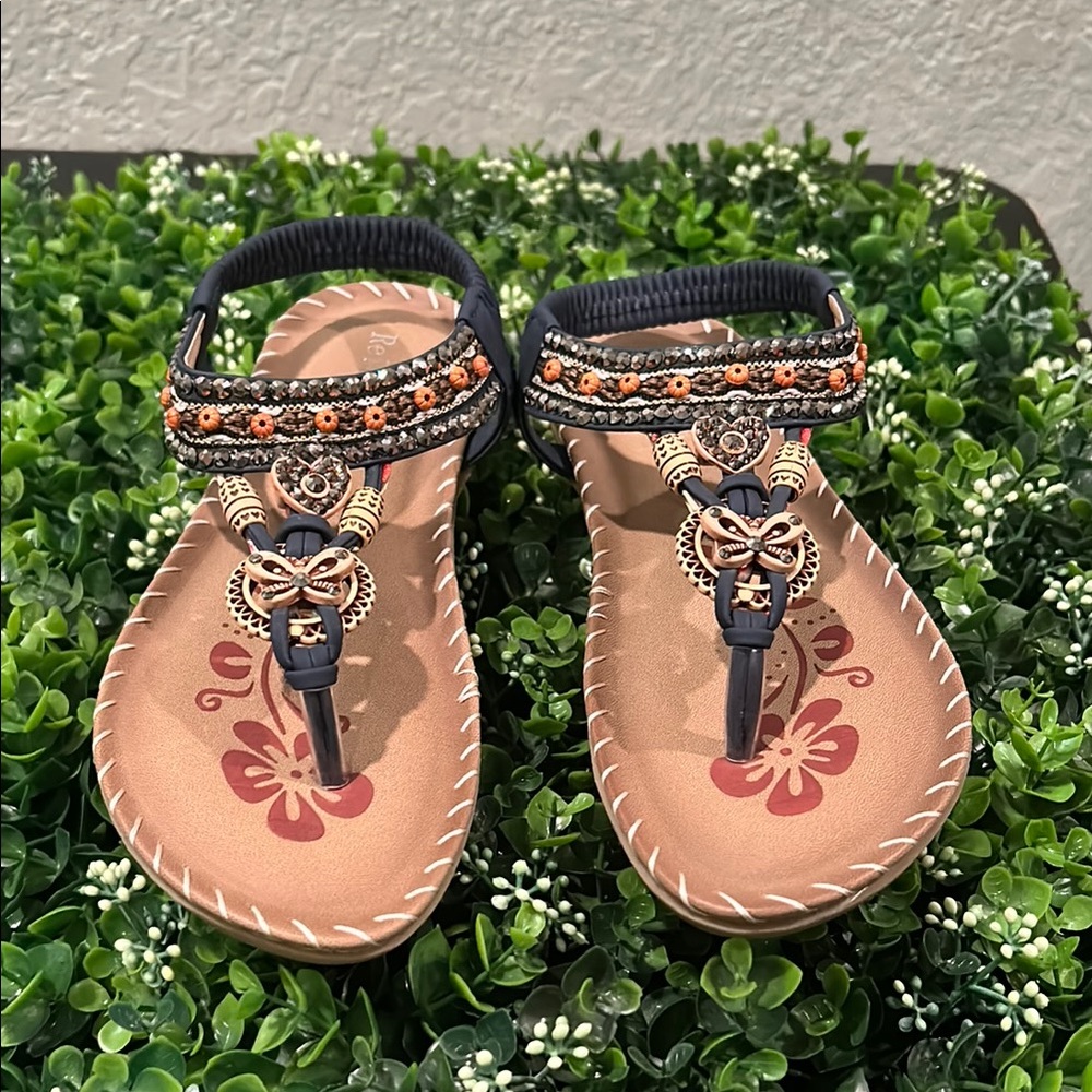 Tan and Black Bohemian Sandals with Metallic Embellishments